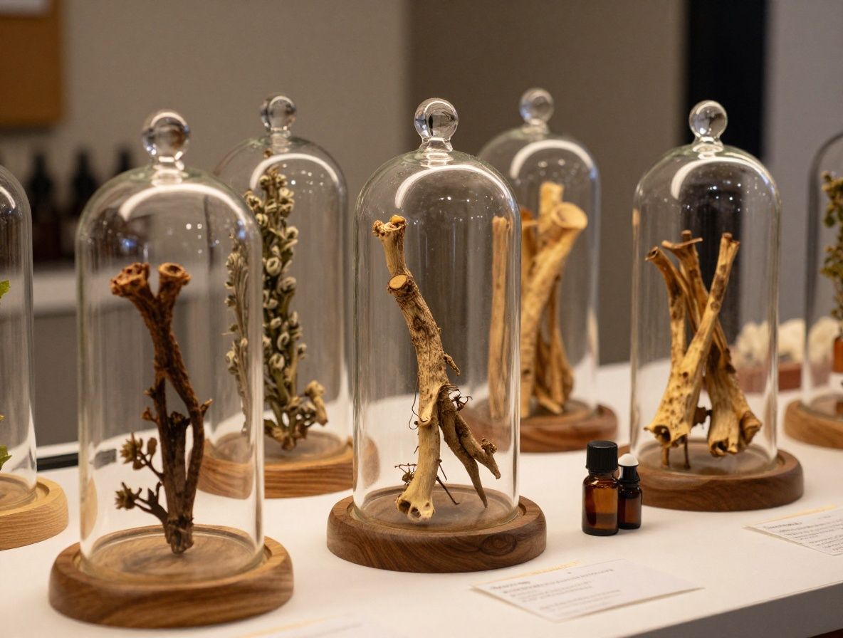 Laboratorio naturalista con frascos de vidrio transparente con hierbas secas, raíces y extractos botánicos ordenados en estantes de madera iluminados con luz cálida