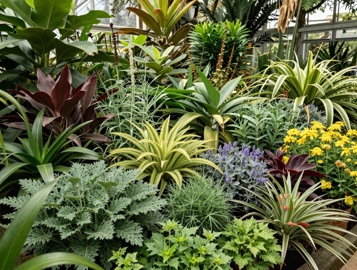Jardín botánico exuberante con plantas medicinales y hierbas aromáticas, hojas verdes vibrantes bajo luz solar suave y naturaleza en calma